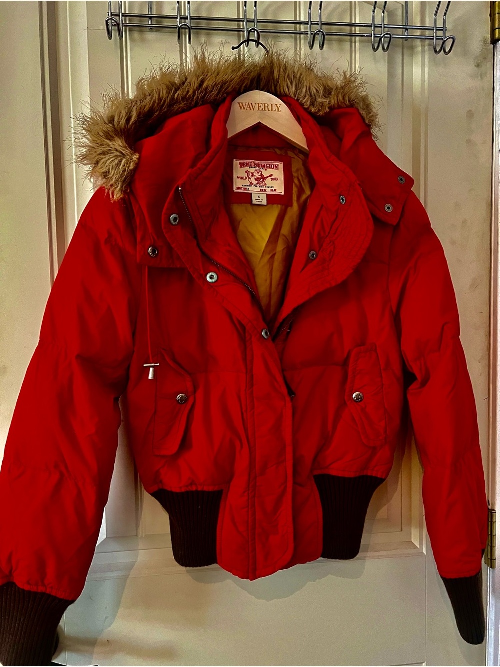 True Religion Red Kids Puffer Jacket with Faux Fur Hood